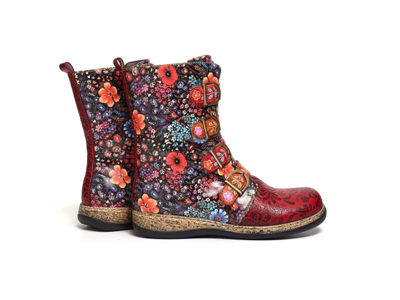 Women Retro Printed Metal Buckle Genuine Leather Zipper Ankle Boots
