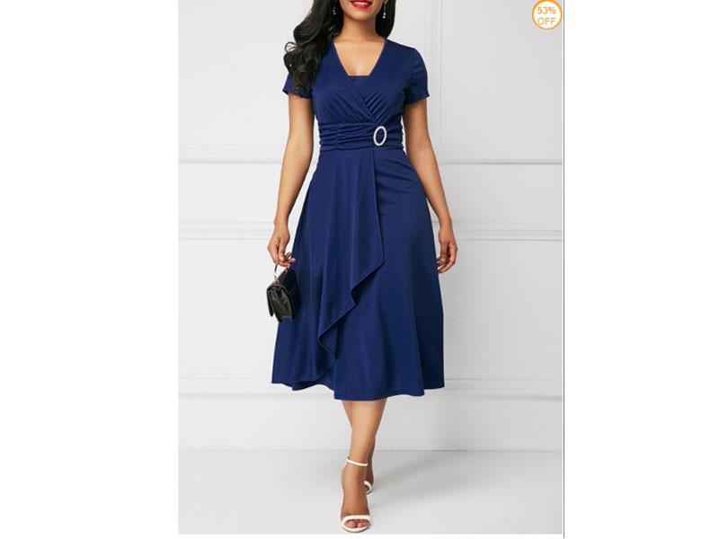 53% Off on Asymmetric Hem Royal Blue Short Sleeve Dress For Women