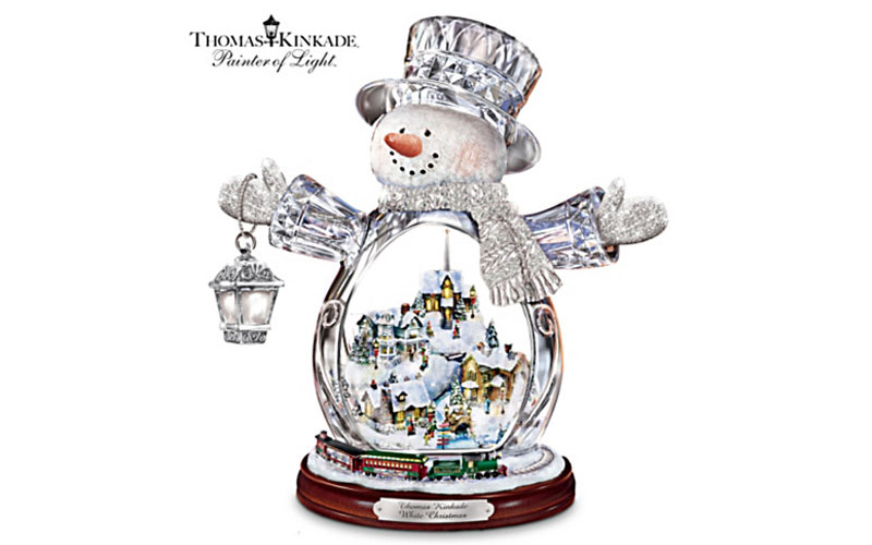 Thomas Kinkade Crystal Snowman with Village & Moving Train