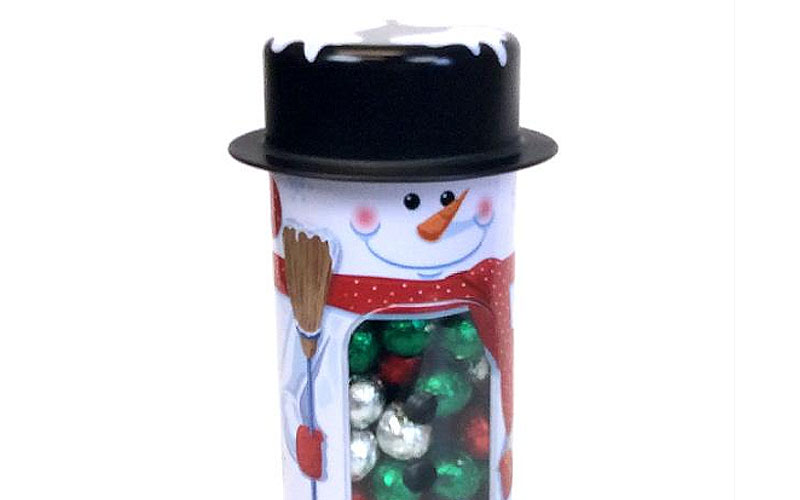 Snowman Window Tin With Chocolate Balls