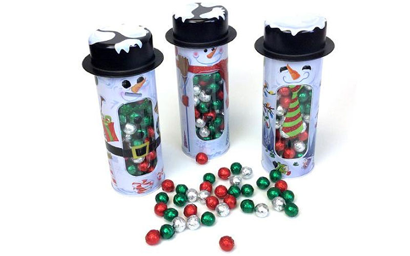 Snowman Window Tin With Chocolate Balls