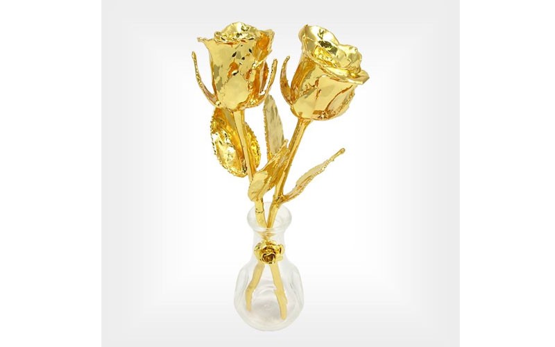 Share This Product! 2 50th Anniversary Gold Plated Roses & Mini Rose Vase