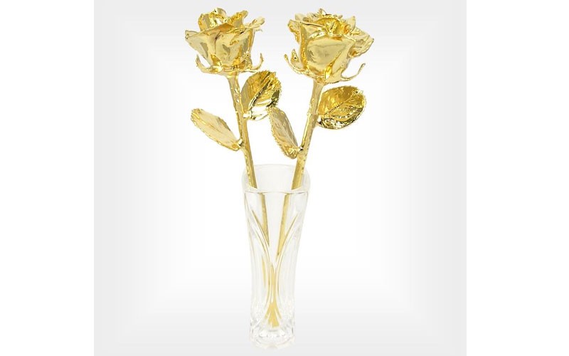 Two 50th Anniversary Gold Dipped Roses Princess Vase