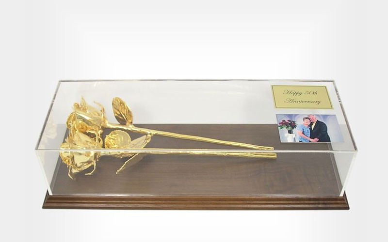 2 Gold Dipped Roses in 50th Anniversary Museum Case