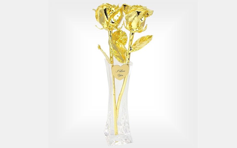 Personalized Promise Vase with 2 Gold Plated Roses