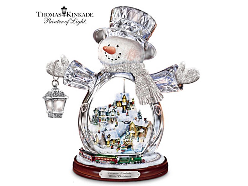 Thomas Kinkade Crystal Snowman With Village, Moving Train