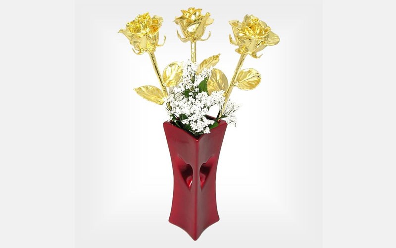 3 Valentine's Day 18-Inch 24k Gold Dipped Roses & Red Vase