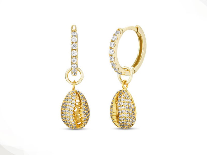 Yellow Gold Plated Diamond Simulant Puka Shell Design Drop Earrings 