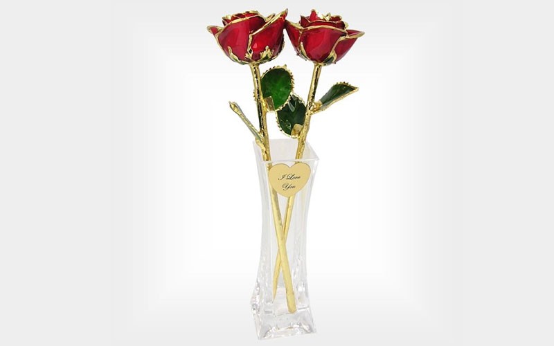 2 24k Gold Trim Roses in Personalized Promise Vase