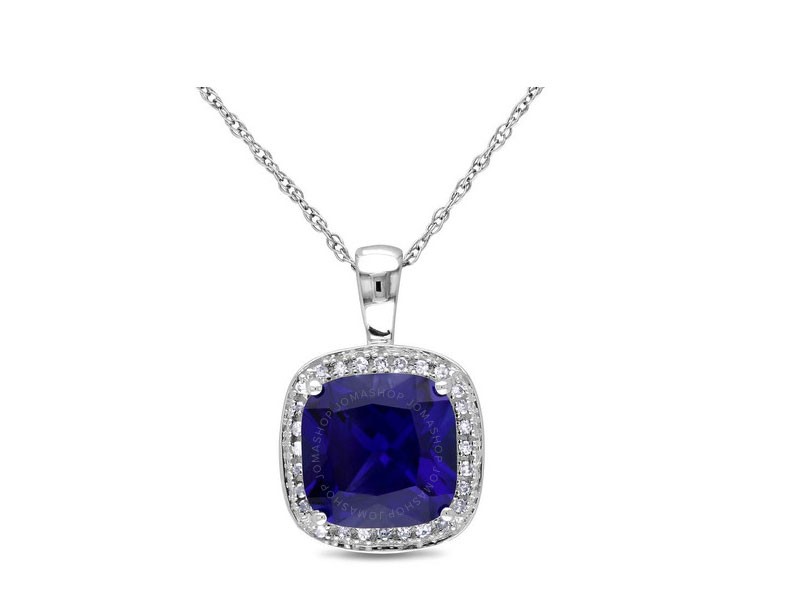 White Gold Blue Sapphire Cushion Pendant