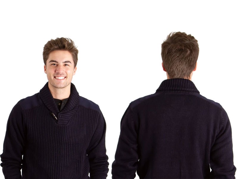 Weatherproof Vintage Shawl Neck Sweater with Felt Shoulders for Men