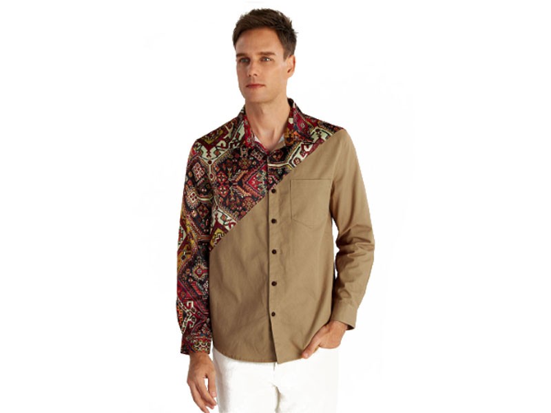 Mens Patchwork Printed Ethnic Style Chest Pocket Long Sleeve Lapel Shirts
