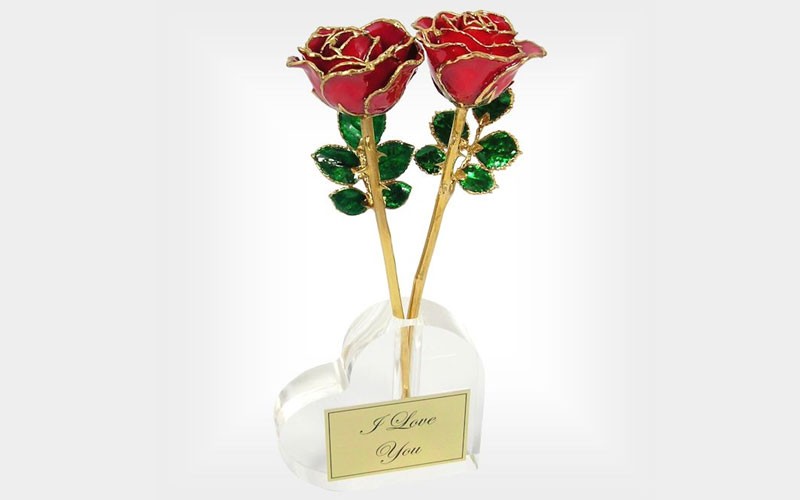 Two 8-Inch Gold Trimmed Roses in Heart Vase Anniversary Gift
