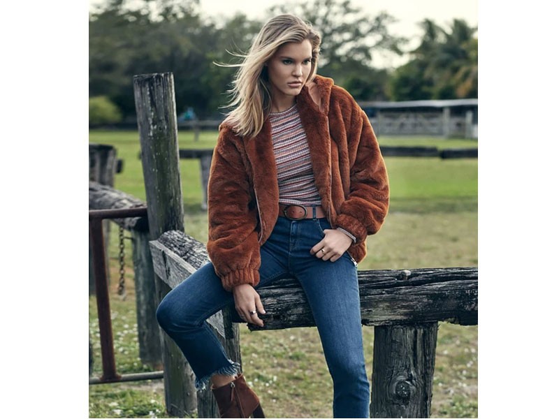 Elan Clothing Fur Hooded Bomber Jacket for Women in Rust