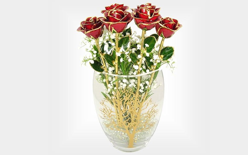 Six 18-Inch 24k Gold Trim Roses in Tree of Life Vase