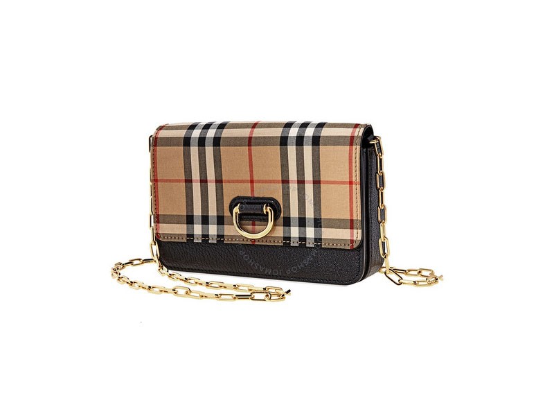 Burberry Mini Vintage Check and Leather D-ring Bag- Black