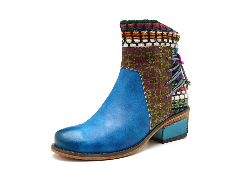 Socofy Women Handmade Weave Genuine Leather Pattern Ankle Boots