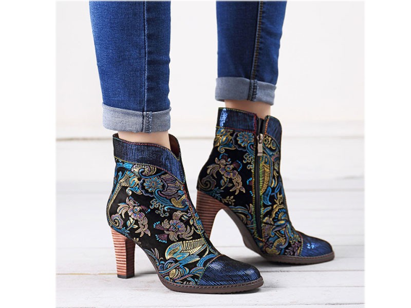 SOCOFY Bohemian Stitching Embossed Leather Ankle Boots
