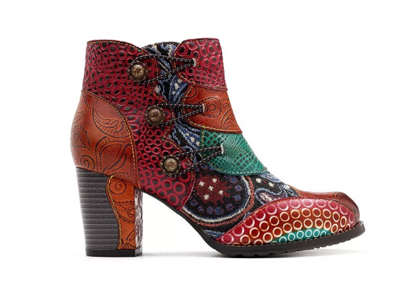 Socofy Splicing Pattern Button Zipper Ankle Leather Boots