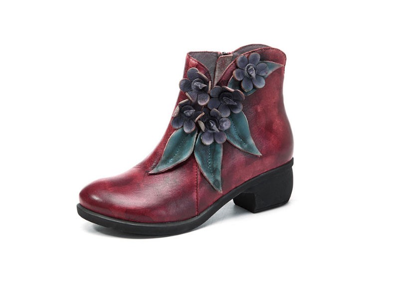 SOCOFY Vintage Handmade Floral Ankle Leather Boots For Women
