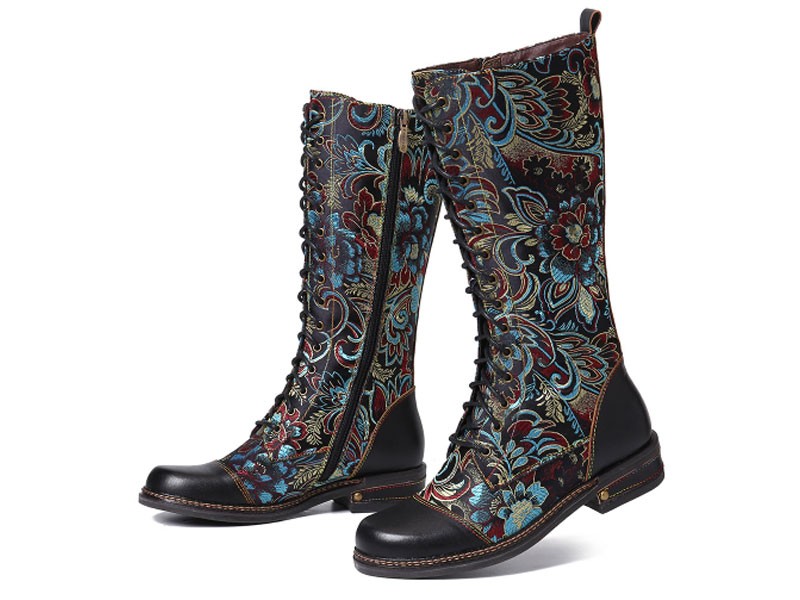 Colorful Stitching Elegant Zipper Lace Up Flat Mid-calf Boots