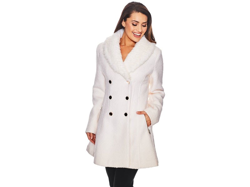 Guess Boucle Wool Coat with Faux Fur Collar