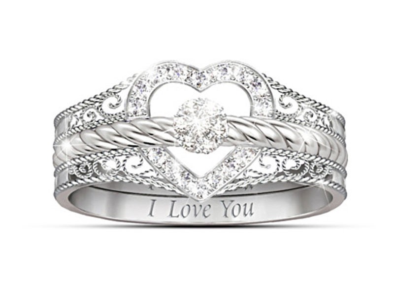 Engraved I Love You 3-Band Stackable Diamond Rings