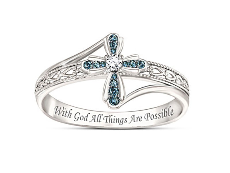 Engraved Heavenly Grace Genuine Blue Diamond Cross Ring