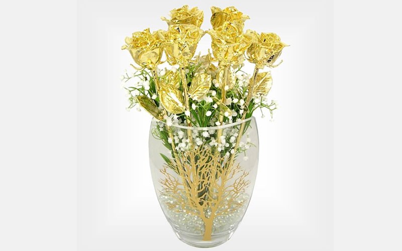 50th Anniversary Gift: 6 Gold Roses Tree of Life Vase