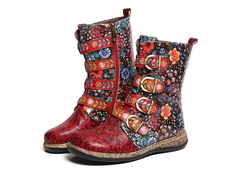 Socofy Women Retro Printed Metal Buckle Genuine Leather Zipper Ankle Boots