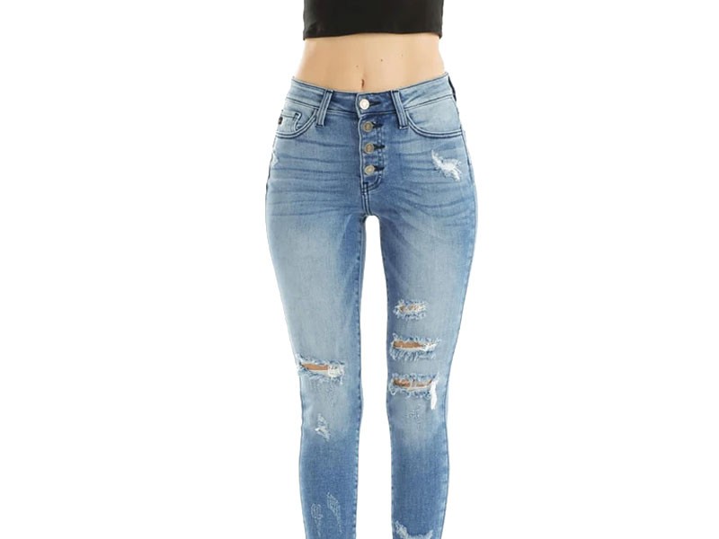 KanCan Jeans Ripped Button Fly Skinny Jeans for Women in Light Wash