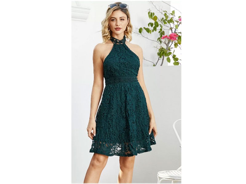 YOINS Green Lace Halter Sleeveless Tight Waist A-line Dress