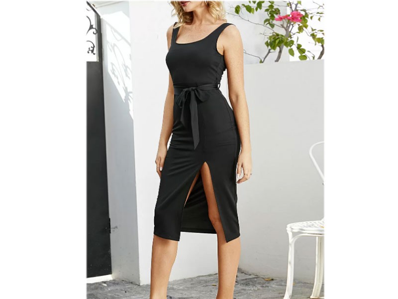 Black Split Design Square Neck Sleeveless Dress