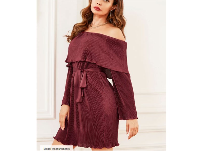 Burgundy Belted Corduroy Off-the-Shoulder Long Sleeves Dress