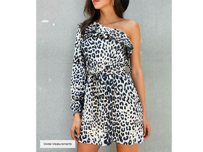 Apricot Random Leopard Belt Design One Shoulder Dress