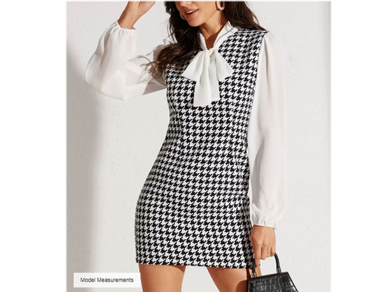 Puff Sleeves Houndstooth Chiffon Splice Dress