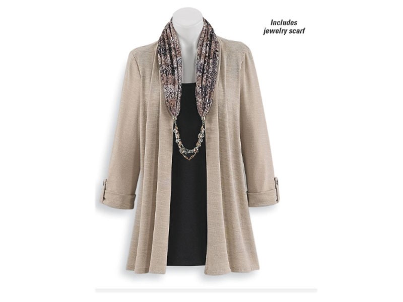 Two-For Cardigan with Jewelry Scarf