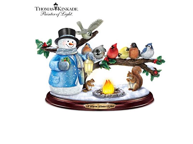 Thomas Kinkade Lighted Musical Snowman & Songbird Sculpture