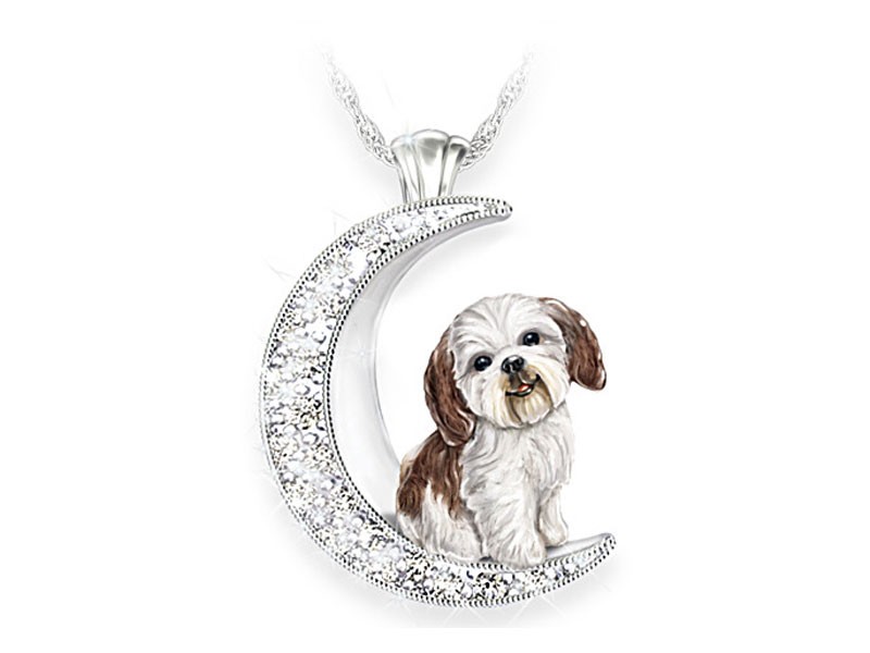 Shih Tzu Pup Swarovski Crystal Moon Pendant Necklace