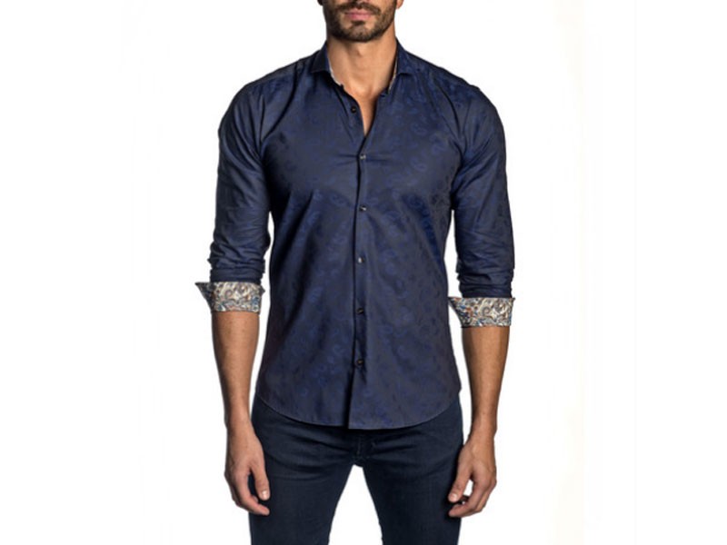 Long Sleeve Navy Paisley Jacquard Shirt For Men