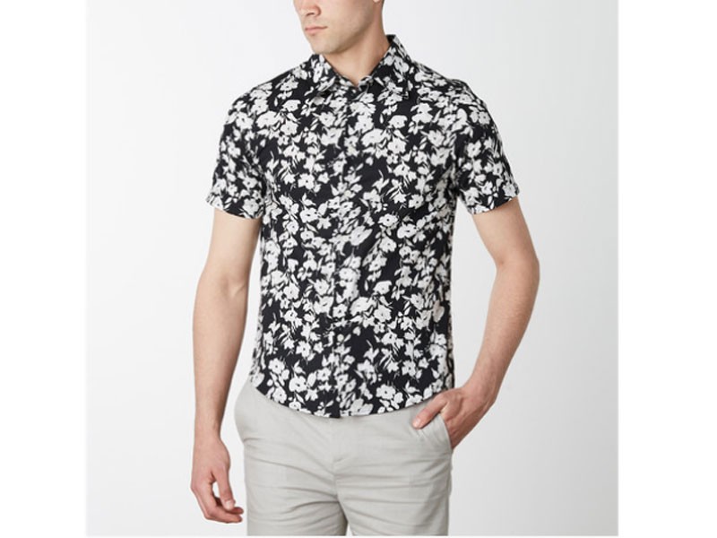 Men's Floral Print Shirt Sleeve Button Up, Black + White Print