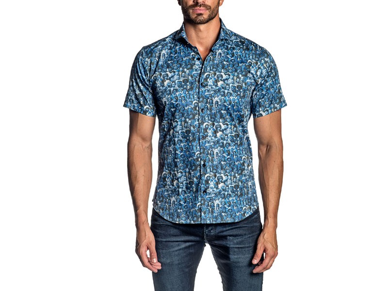 Short Sleeve Button-Up Men's Shirt, Blue Faces