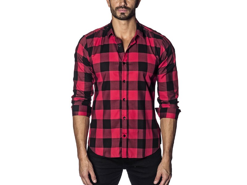 Woven Button-Up Shirt For Men, Red + Black Checkered