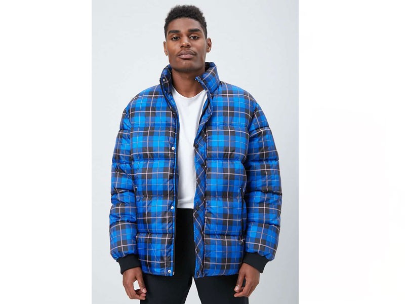 Plaid Print Puffer Jacket For Men