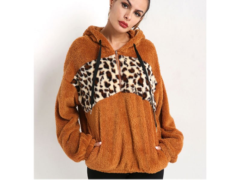 Brown Side Pockets Leopard Pattern Long Sleeves Faux Fur Hoodie For Women