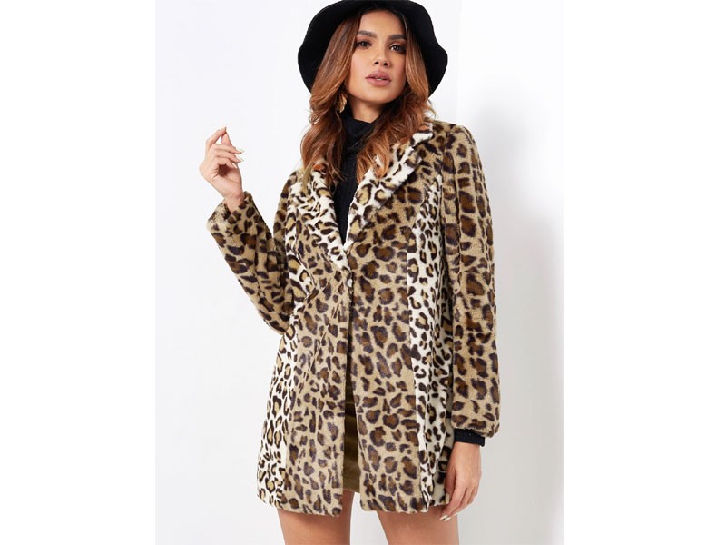 Leopard Print Lapel Collar Long Sleeved Fluffy Coat For Women