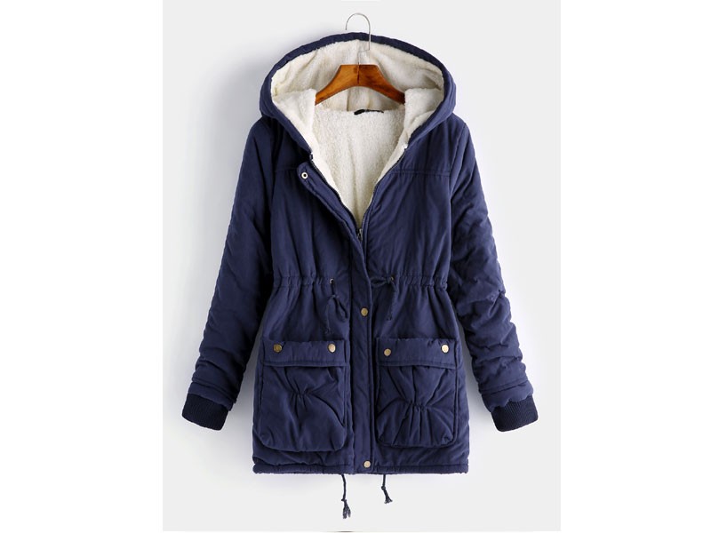 Navy Pocket Design Drawstring Waist Hoodie Parkas For Women