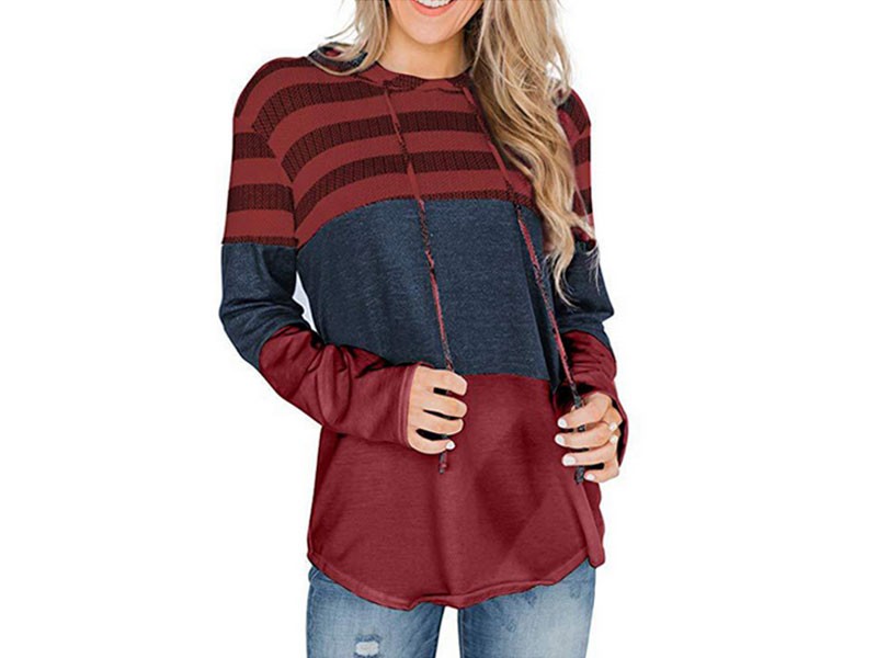 Burgundy Color Block Drawstring Hoodie For Women