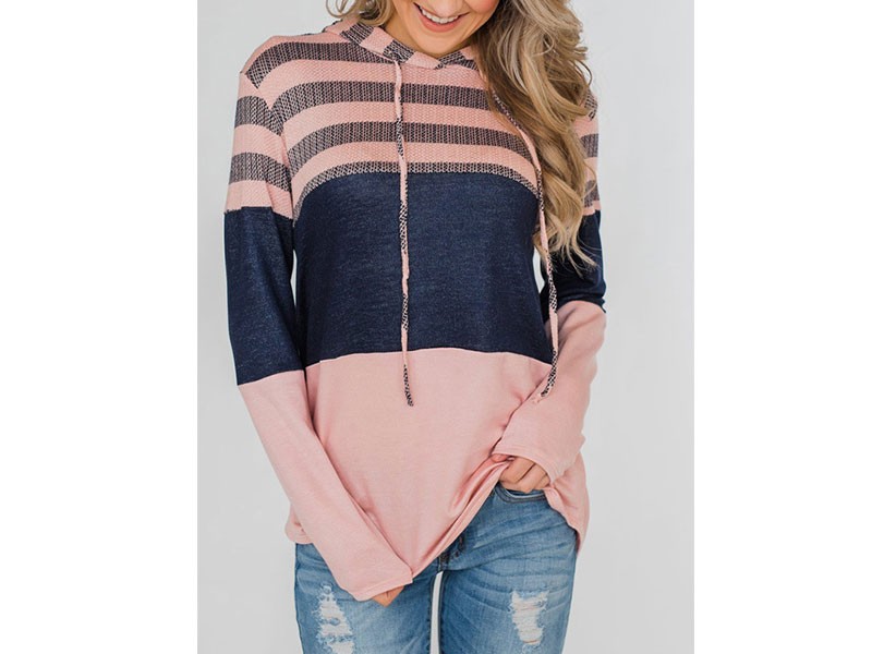 Pink Color Block Drawstring Hoodie For Women