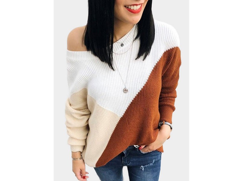 Color Block Adjustable Neckline Long Sleeves Loose Sweaters For Women
